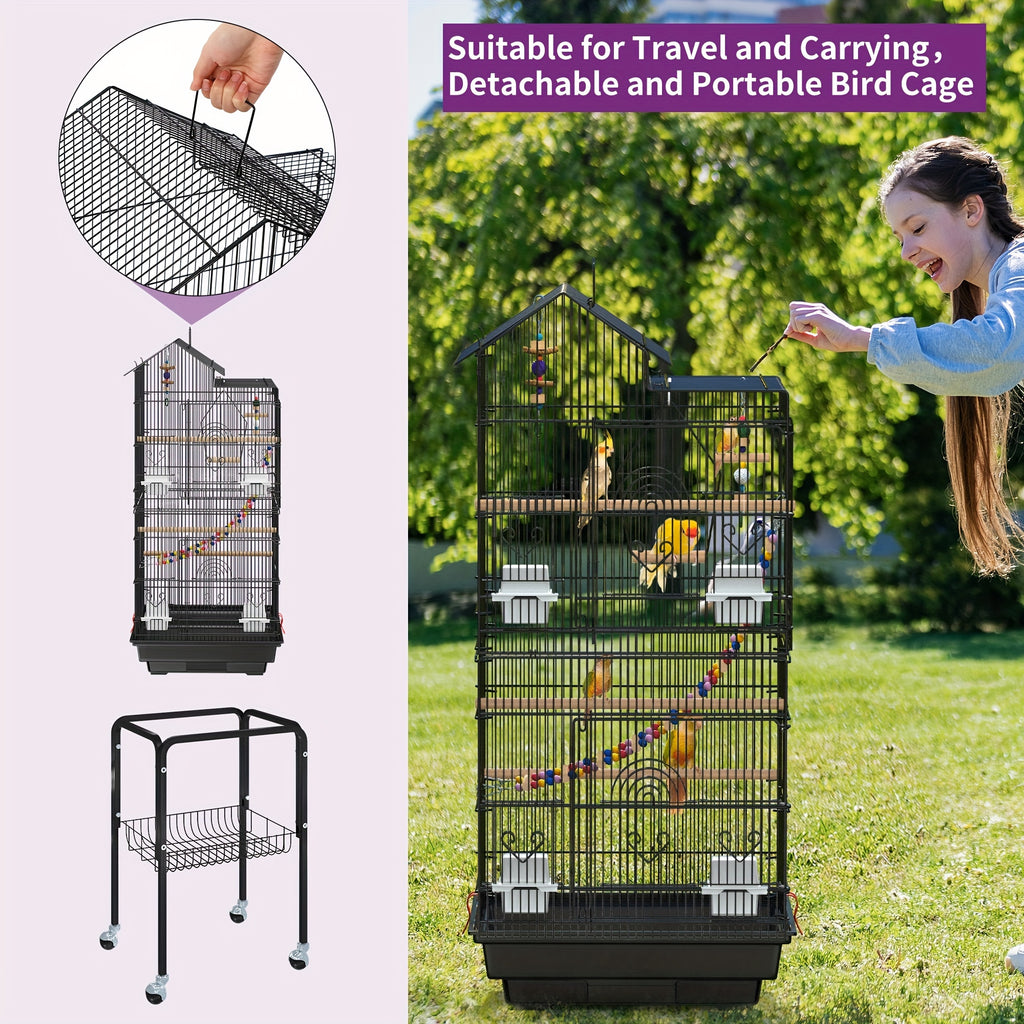 Yarsca 62 inch Metal Bird Cage, Large Parakeet Cages for Parrot, Cockatiel, Lovebird, Pigeon with Roof Top, Rolling Stand and Hanging Toys