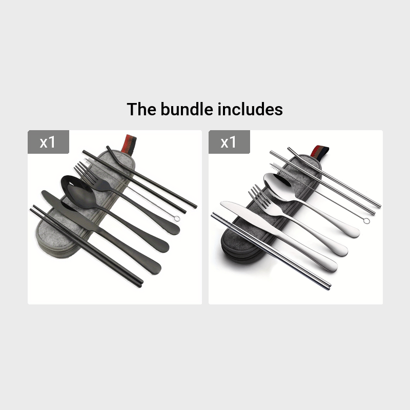 Portable Cutlery Set, 8pcs Travel Camping Utensil Kit with Fork, Spoon, Chopsticks, Cleaning Brush, Straw, and Carrying Case, Stainless Steel Cutlery Set