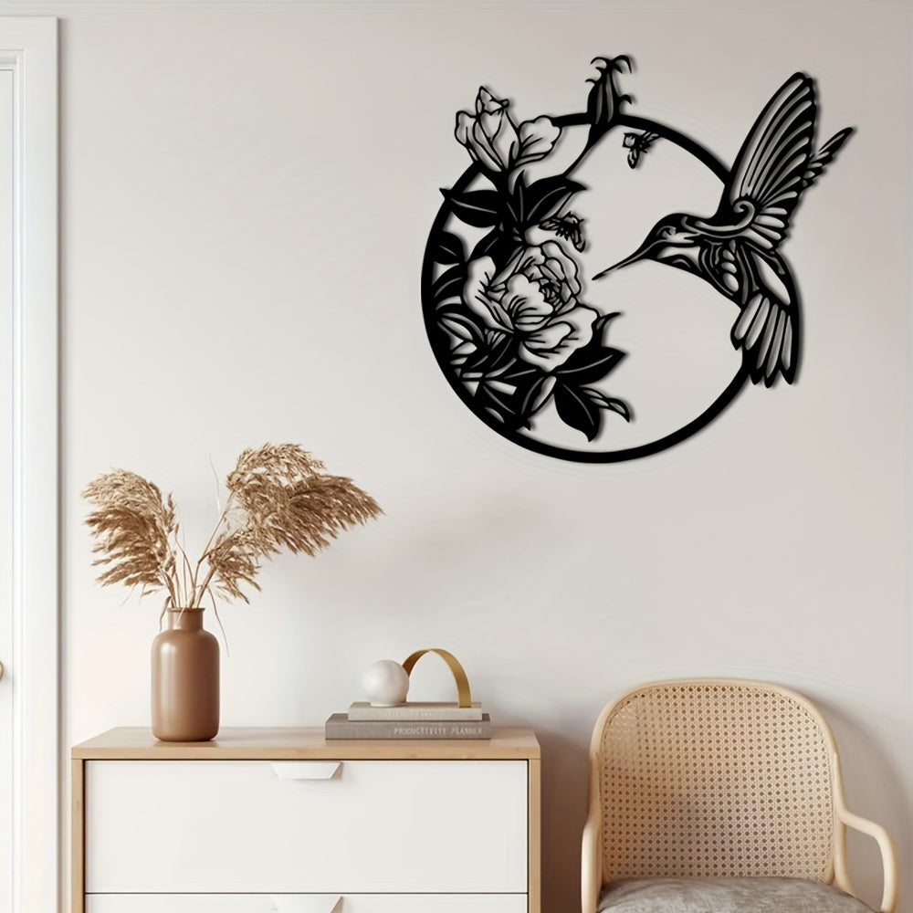 1pc Exquisite Hummingbird Metal Art Deco Wall Decoration - 3D Rustic Black Circular Bird & Floral Design with Intricate Details - Ideal Indoor Outdoor Garden Home Decor Accent