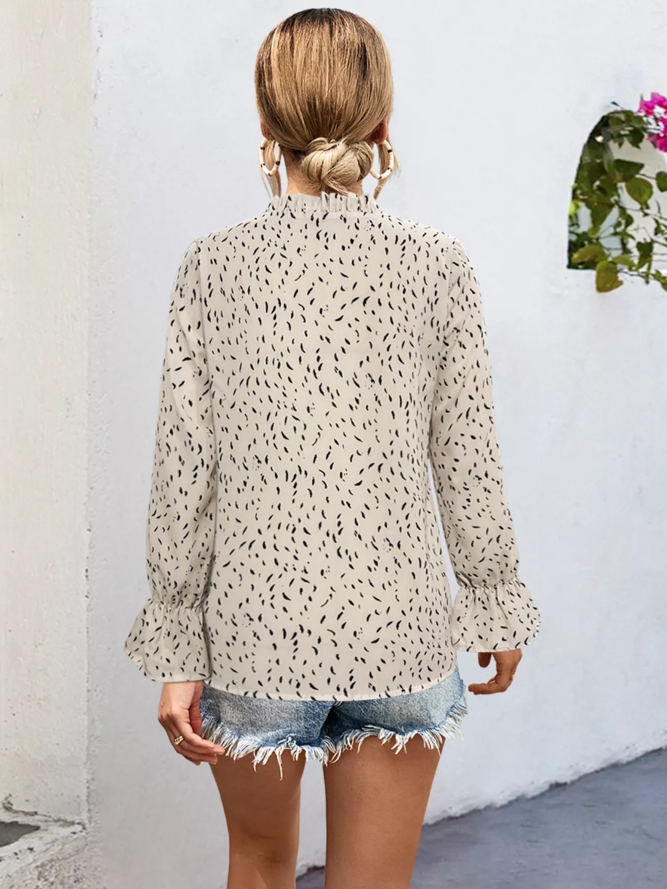 Ruffled Printed Tie Neck Long Sleeve Blouse