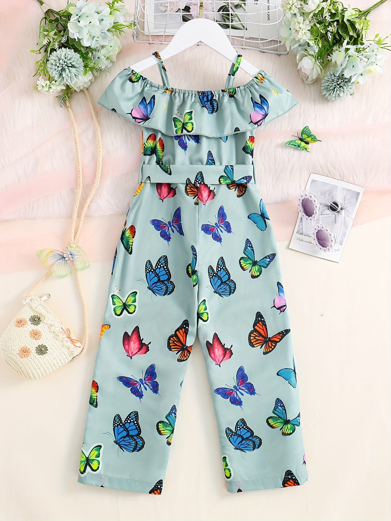 Trendy Girls' Butterfly Romper with Ruffles and Belt - Perfect for Summer!
