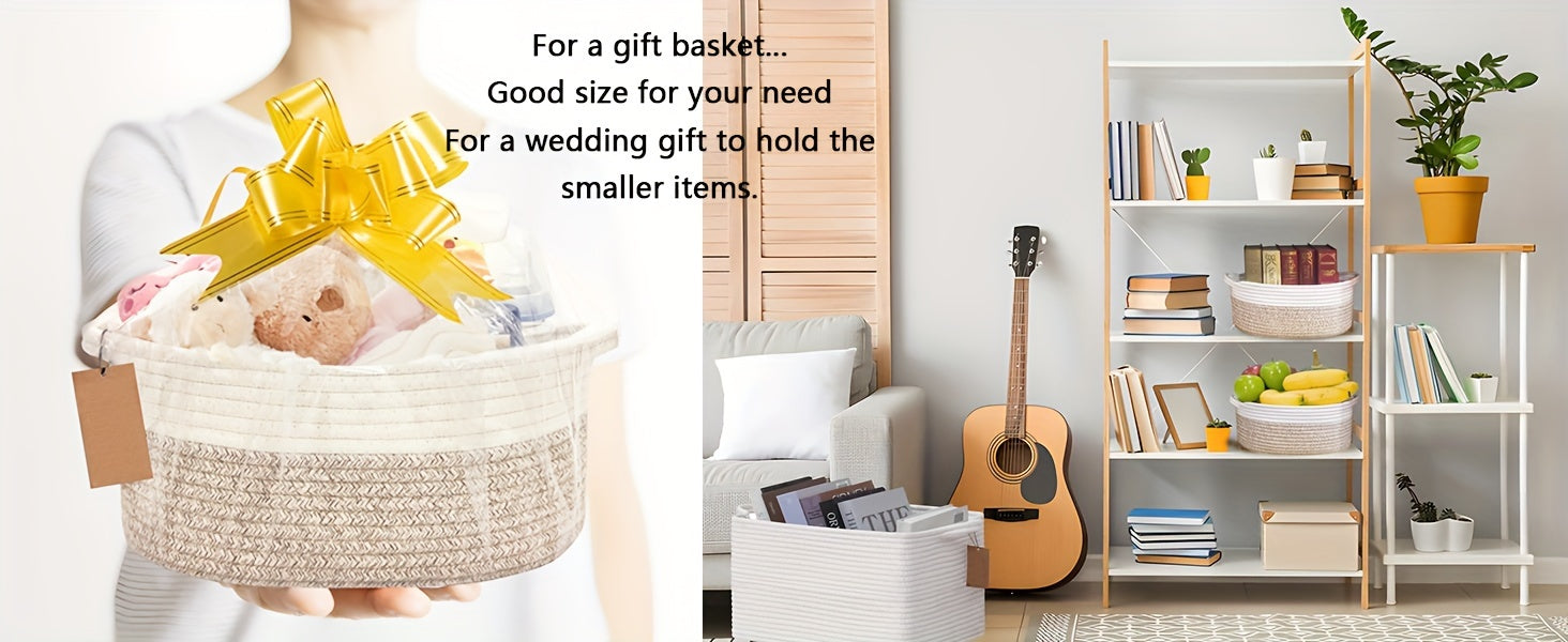 2Pack Cute Small Woven Gift Basket With Handles, 1Pcs 13.8"X9"X6.1"+ 1Pcs 12.6"X8.2"X5.5", Cotton Rope Basket Room Decor, Shelf Storage Basket Chest Box Bin For Cat And Dog Toys, Empty Decorative Gift
