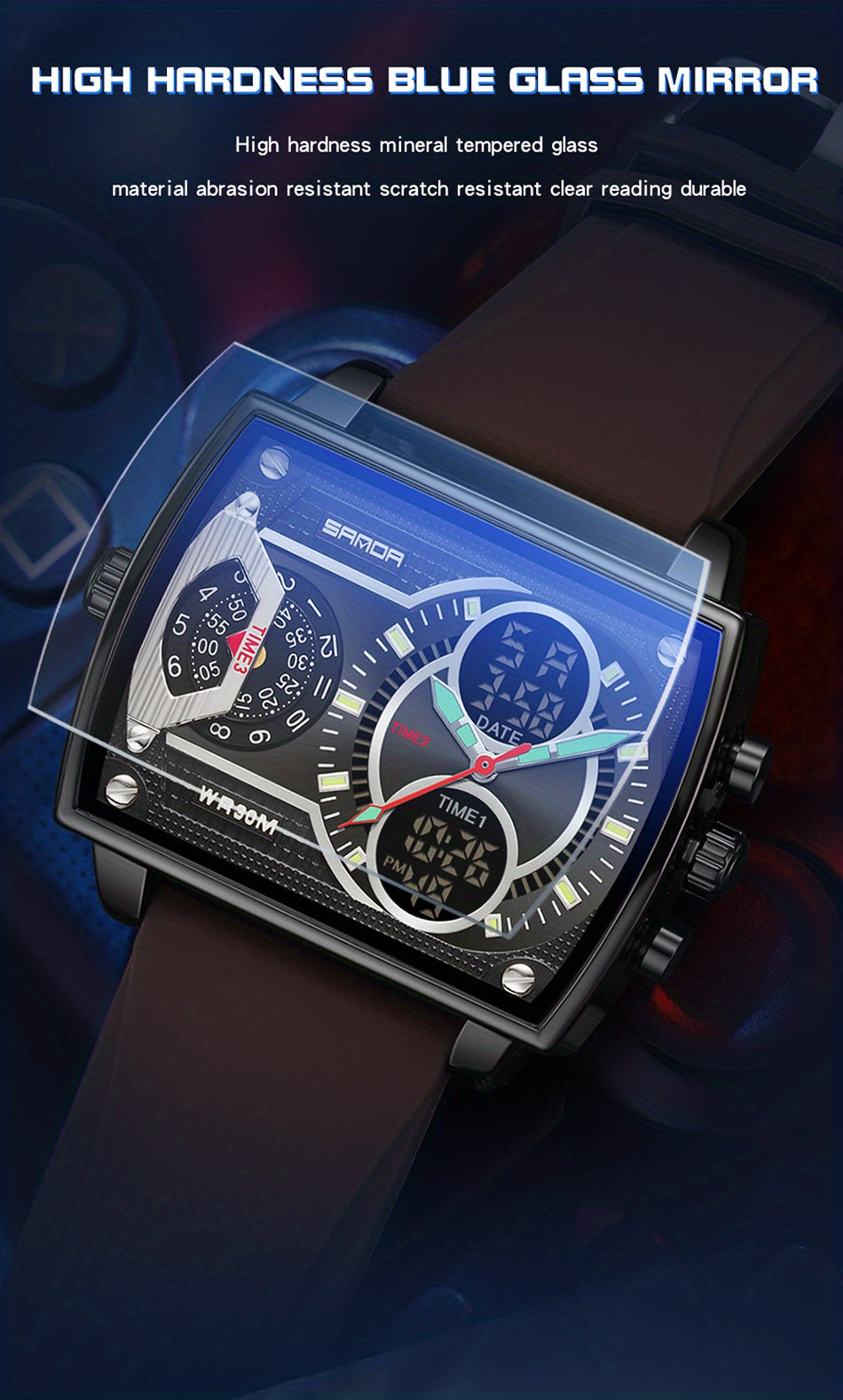 Large Dial Multi Time Zone Men's Watch, Square Dual Display Multifunctional Sports Watch with Dual Time Zone, Date, Alarm, and Stopwatch Functions