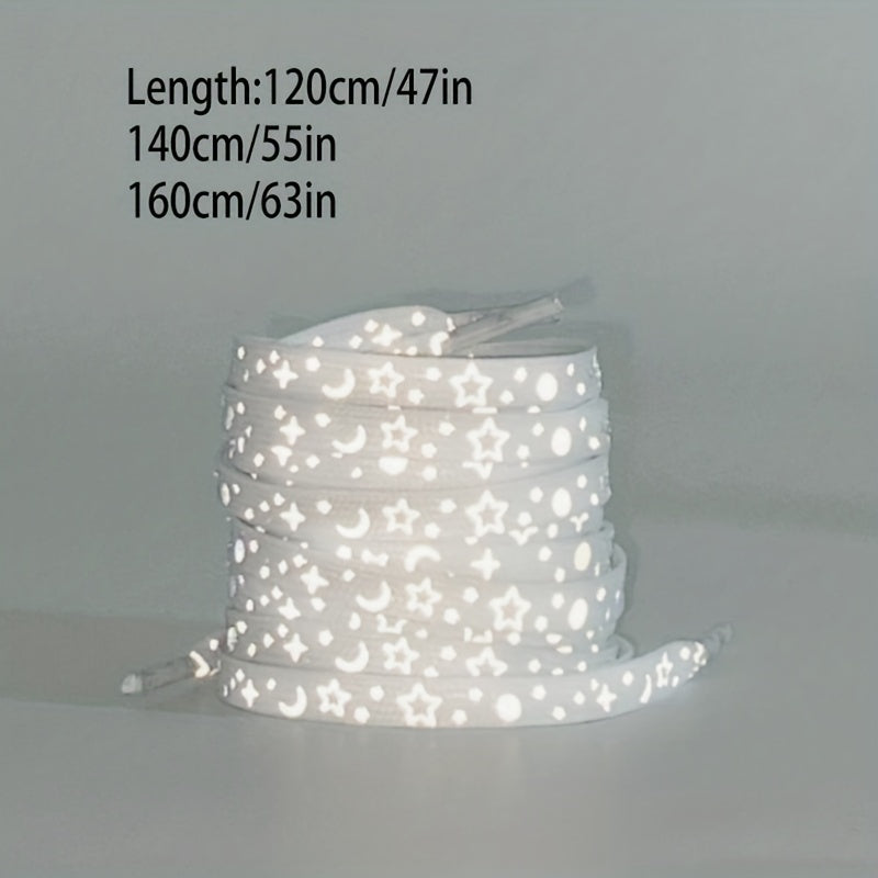 1 Pair Dazzling Holographic Reflective Star Moon Shoelaces - Double-Sided Luminous, AdjustableNighttime Running, Cycling,
