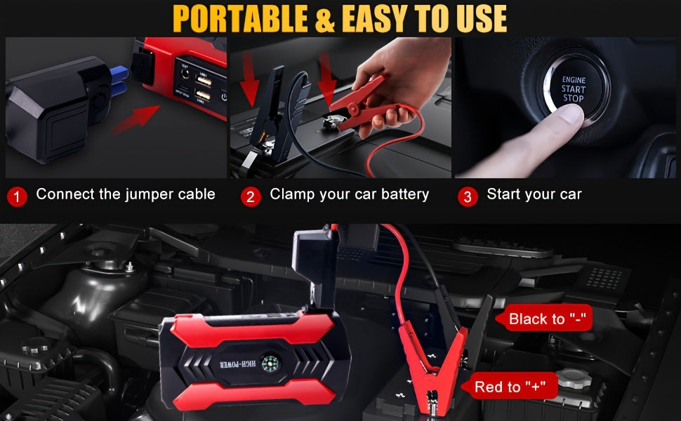Portable 12V Car Jump Starter - LED Flashlight Emergency Power Battery Booster for Automotive, Motorcycle, Trucks, SUV - Compact, Rechargeable, Multi-Functional, and Safe