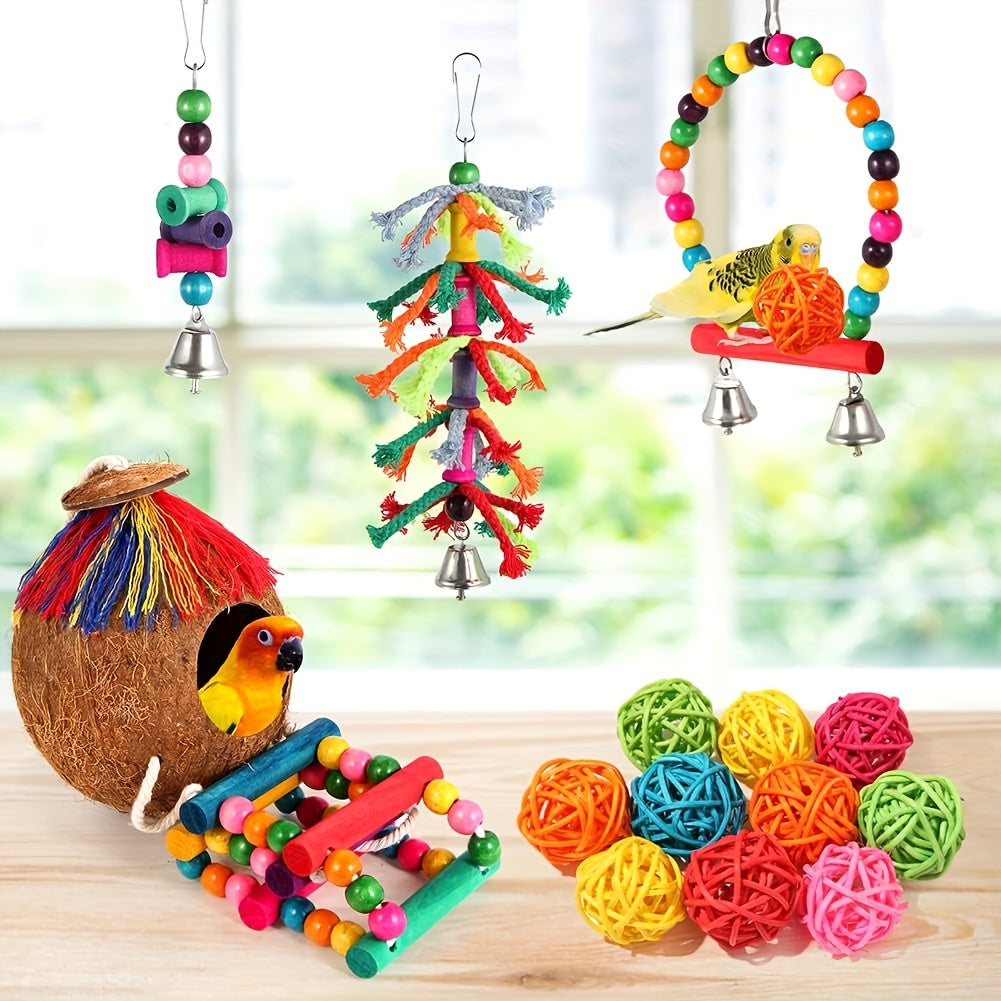 1/3/5pcs Random Bird Toys Bird Parakeet Swing Chewing Hanging Toys Climbing Ladder Coconut Bird Cage Toys Suitable for Cockatiels, Conures, Finches, Budgie, Love Birds
