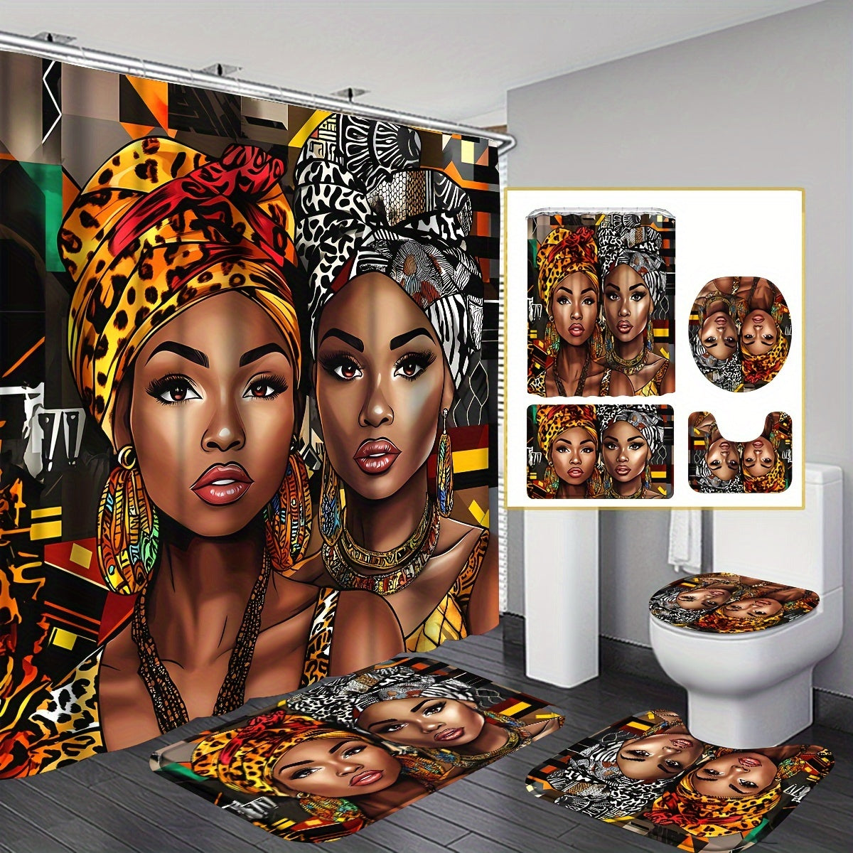 4pcs/1pc African American Woman Shower Curtain Set, Bathroom Curtain With Hooks, Non-Slip Rugs, Toilet U-Shape Mat, Seat Cover, Machine Washable Bathroom Decoration Accessories, African Theme Black Shower Curtain Gift For Wom