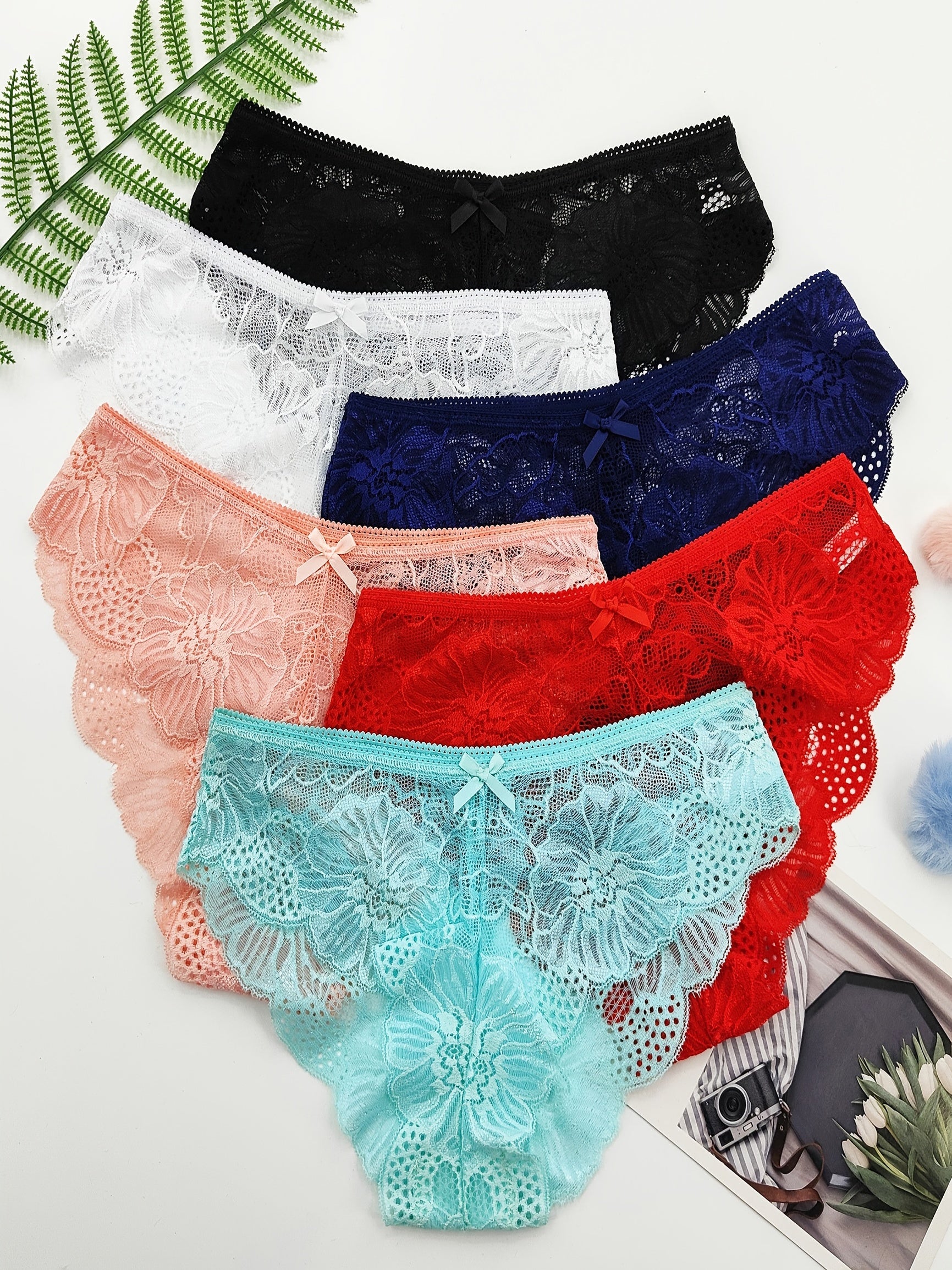 6pcs Comfortable Jacquard Lace Bow Hipster Bikini Panties, Low Waist Breathable Women's Lingerie & Underwear