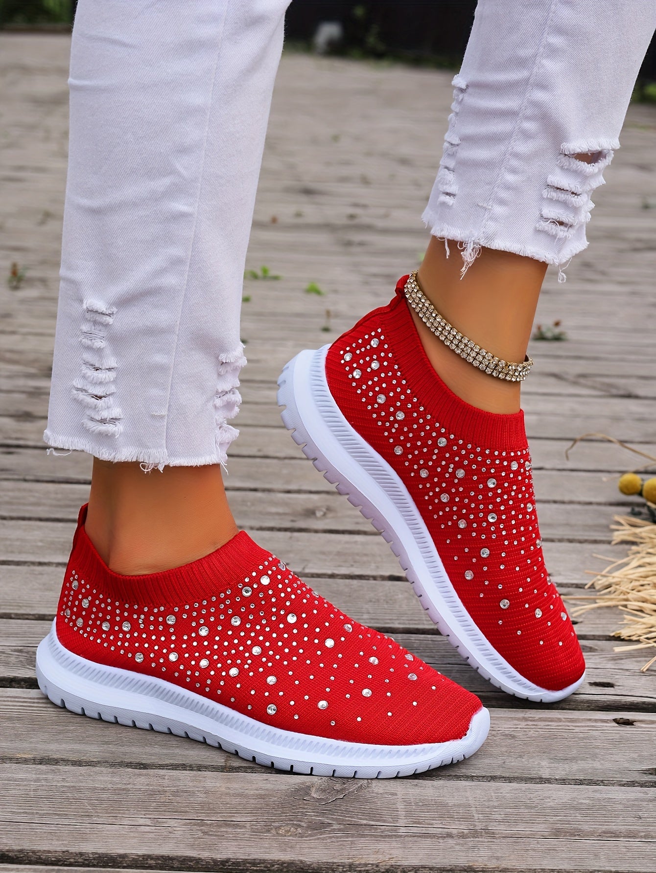 Women's Rhinestone Decor Slip-on Sneakers, Fly Woven Sports Shoes, Breathable Low Top Walking Shoes For Music Festival