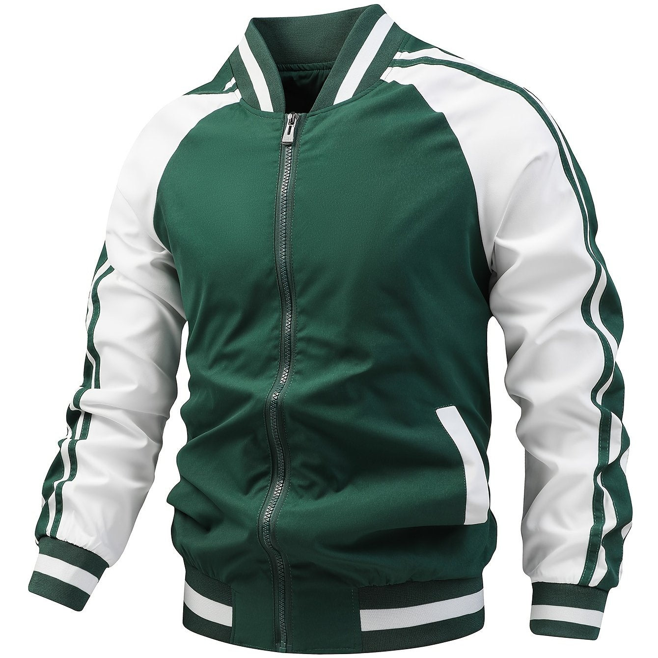 Men's Color Block Graphic Sports Jacket, Casual Striped Zip Up Varsity Jacket For Outdoor Fall Winter