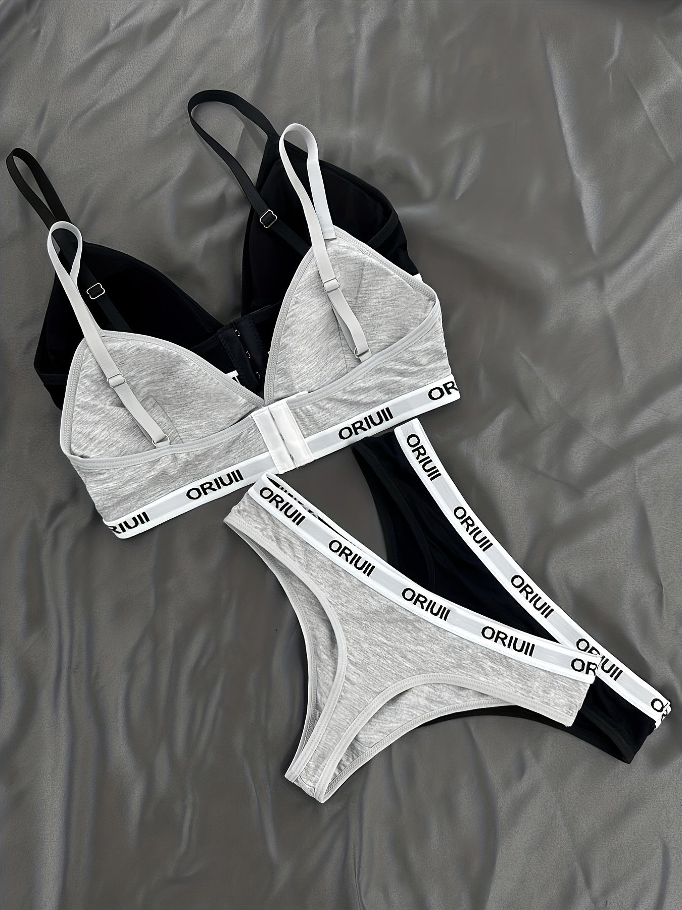 2 Sets Letter Print Bra & Panties, Wireless Sports Bra & Elastic Thong Lingerie Set, Women's Lingerie & Underwear