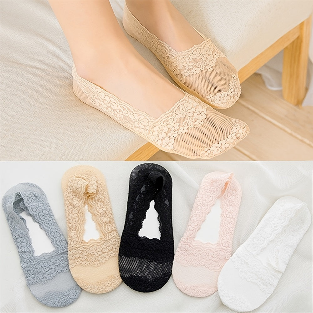 [Breathable Ankle Socks] 5 Pairs Women's Lace Trim No-Show Ankle Socks | Breathable Fabric, Floral & Solid Color Options, Low-Cut Invisible Socks for Casual & Formal Wear