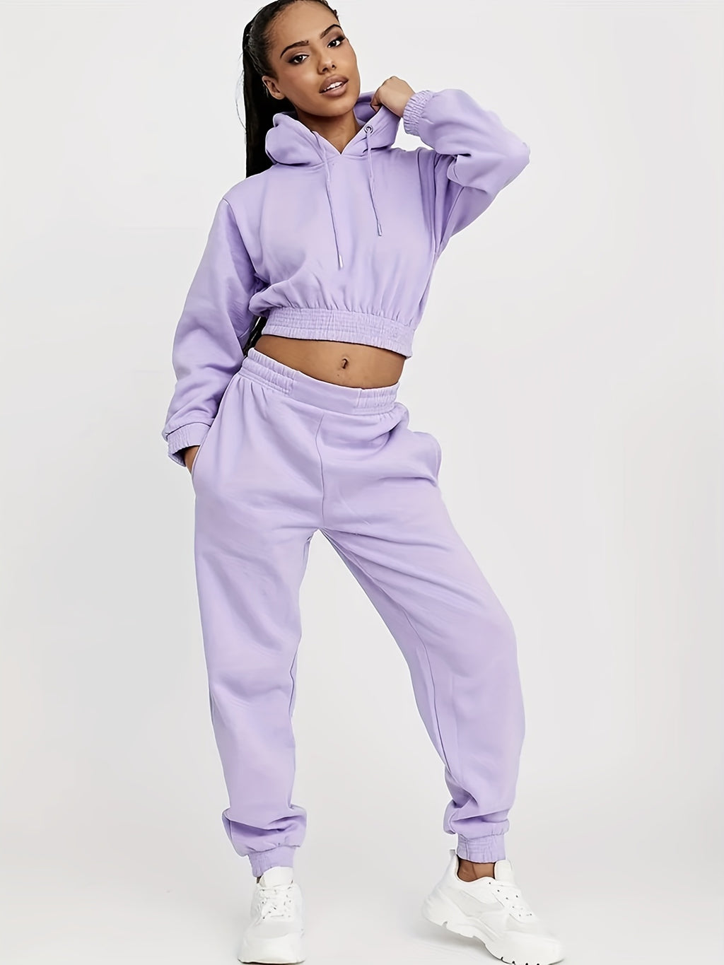 2pcs Plain High Stretch Sporty Suit, Long Sleeves Drawstring Hooded Sweatshirt & Jogging Pant Sports Set, Women's Activewear