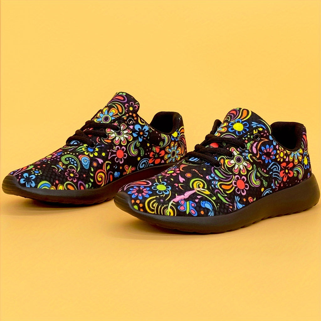 Women's Mexican Flower Pattern Lightweight Sneakers - Lace-Up Running Shoes