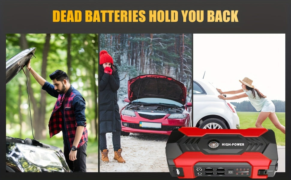 Portable 12V Car Jump Starter - LED Flashlight Emergency Power Battery Booster for Automotive, Motorcycle, Trucks, SUV - Compact, Rechargeable, Multi-Functional, and Safe