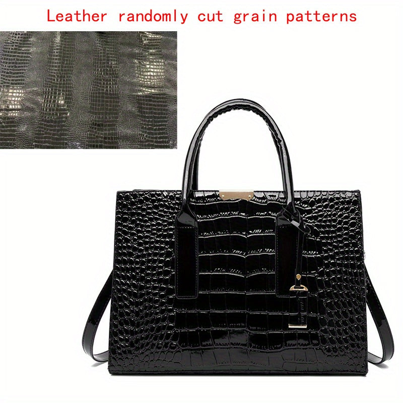 Crocodile Embossed Handbag, Trendy PU Leather Top Handle Purse, Women's Solid Color Shoulder Bag