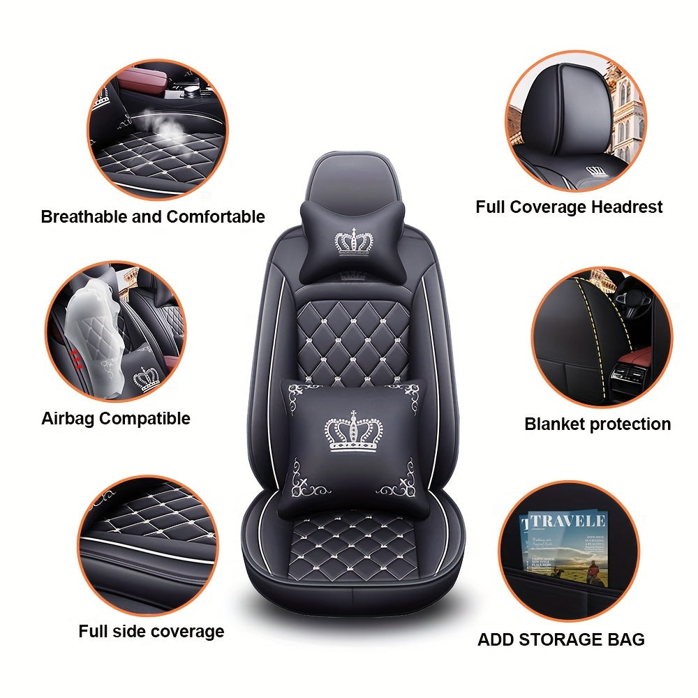 Full Set Car Seat Covers, Crown PU Leather Car Seat Cover Full Surround, Comfortable Automotive Vehicle Cushion Cover Fit For Most 5 Seats Cars/SUV/Truck/Vans