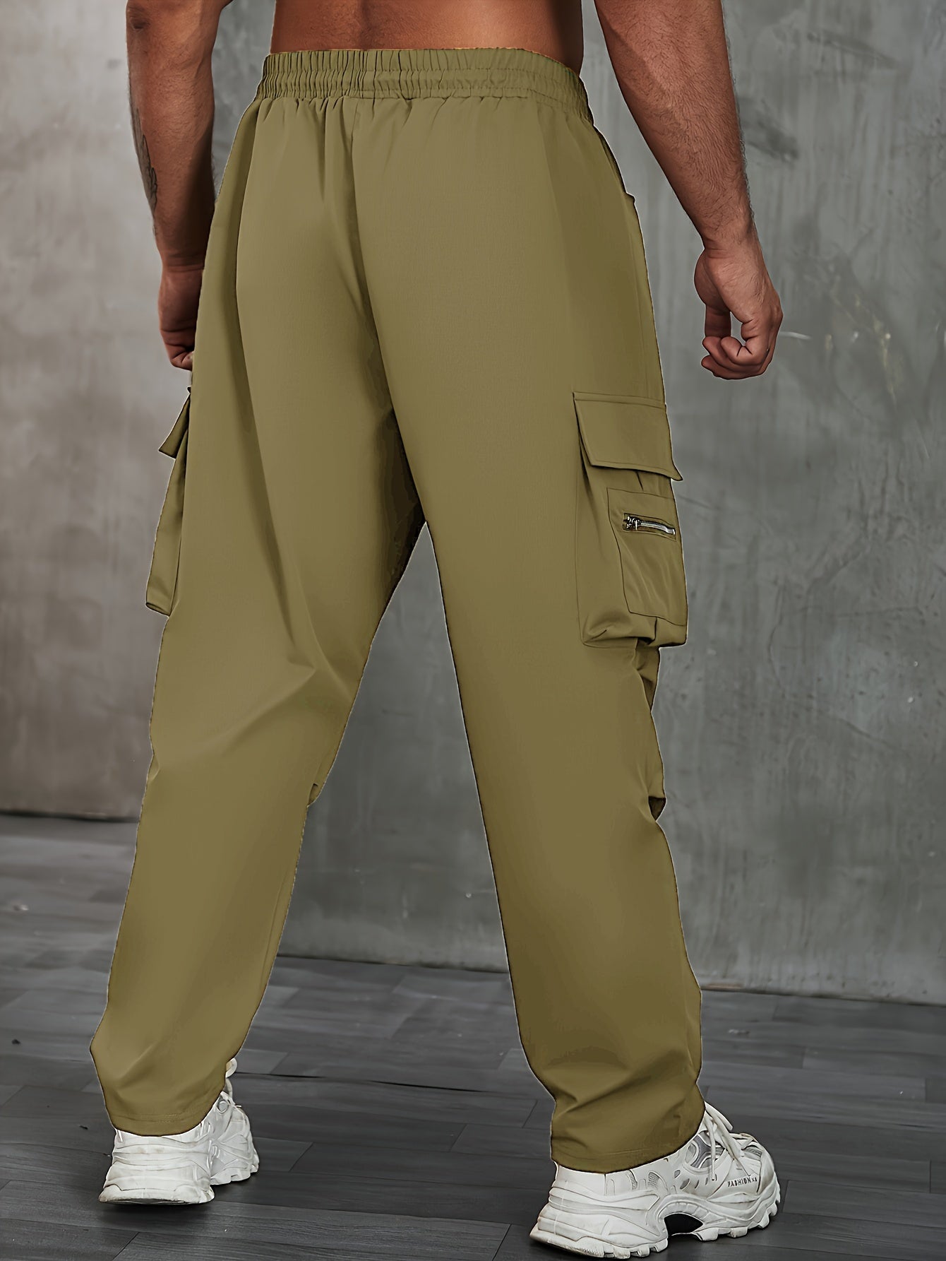 Plus Size Men's Solid Cargo Pants For Spring Fall, Outdoor Sports Pants For Males