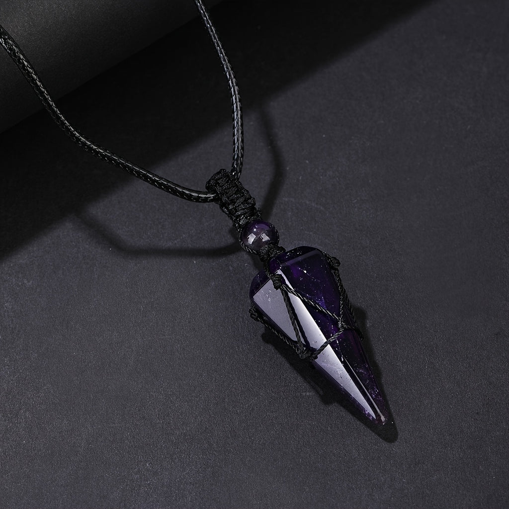 Stylish Men's Natural Amethyst Crystal Hexagonal Cone Pendant Necklace with Braided Rope - Fashion Accessory