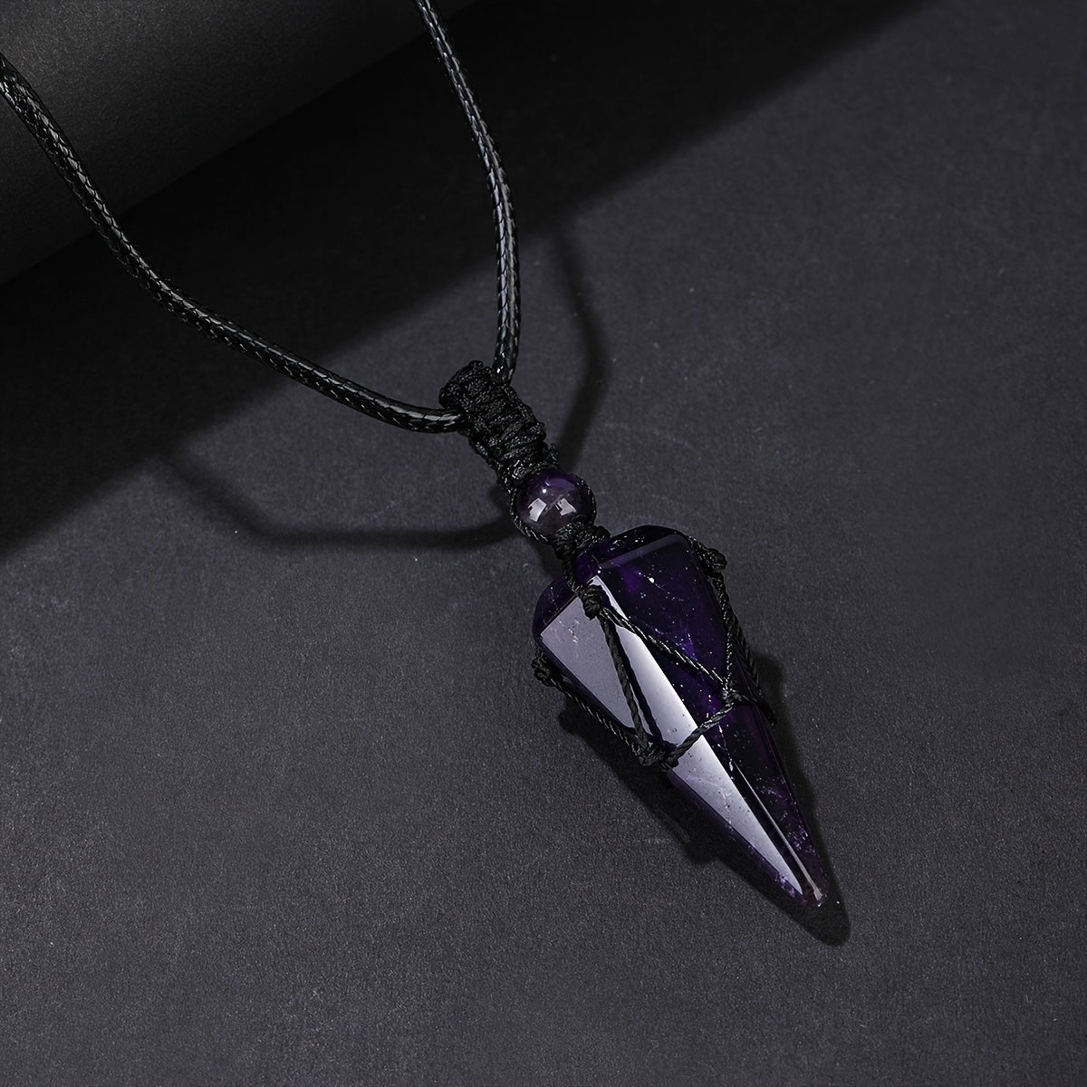 Stylish Men's Natural Amethyst Crystal Hexagonal Cone Pendant Necklace with Braided Rope - Fashion Accessory