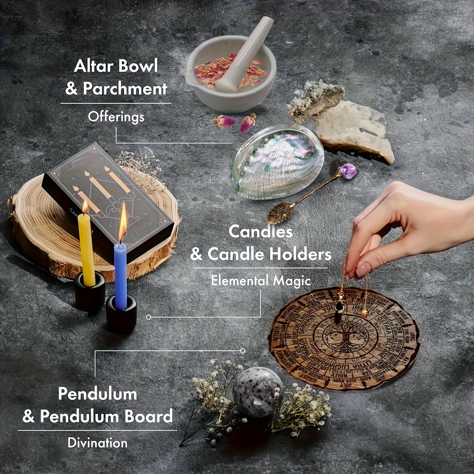 Witchcraft Kit with Grinding And Pounding Tank - Candles, Witches Crystals, Dried Flowers, Vanilla, Beginner Box Starter. Suitable for Full Moon Ceremonies And Decorative Materials for Magic. Ideal for Gifting During Black Hi