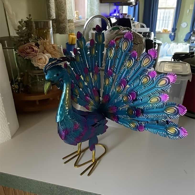 Large Metal Painted Peacock Garden Sculpture - 1pc Figurine for Fountain, Pool, Yard, Lawn, Garden Art - Easter, Halloween, Mother's Day, Thanksgiving, Fall Decor