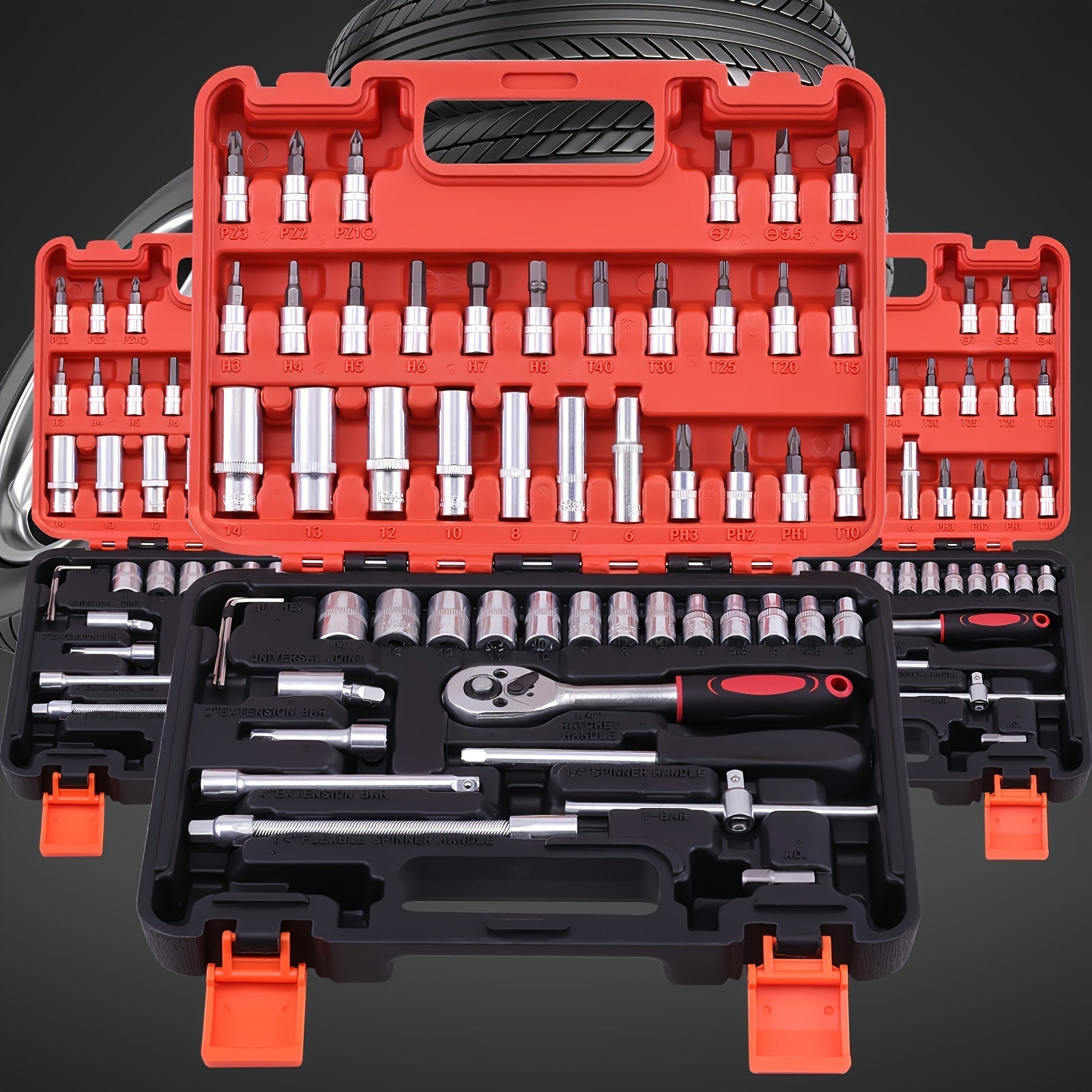 53/82/121/151PCS Heavy Duty socket Set, (5/16 Inches to 3/4 Inches) And Metric