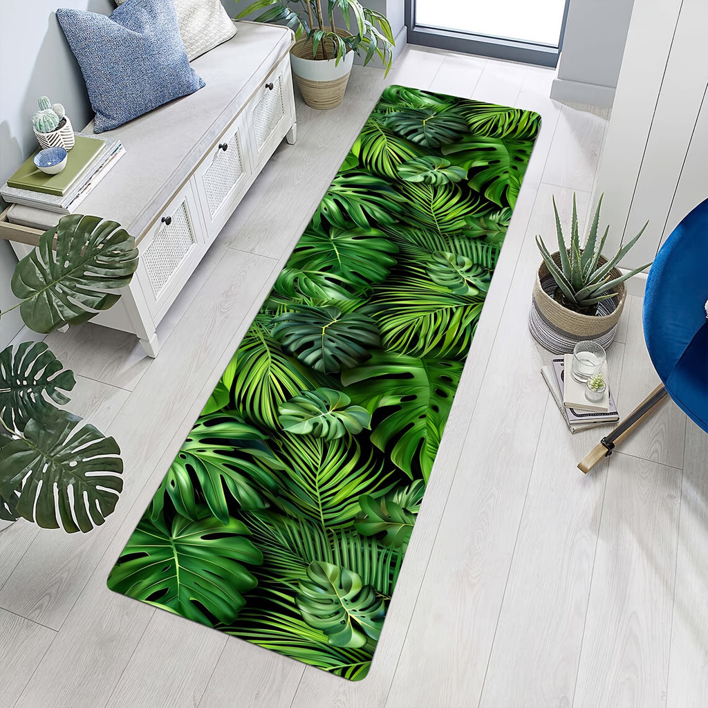 Two Additional Non-Slip Mats with a Green Leaf Pattern, Soft And Suitable for Living Rooms And Kitchens, They Are Woven Polyester Rugs, Hand Wash Only, Rectangular, Weighing 480Gsm, And 0.39inch Thick