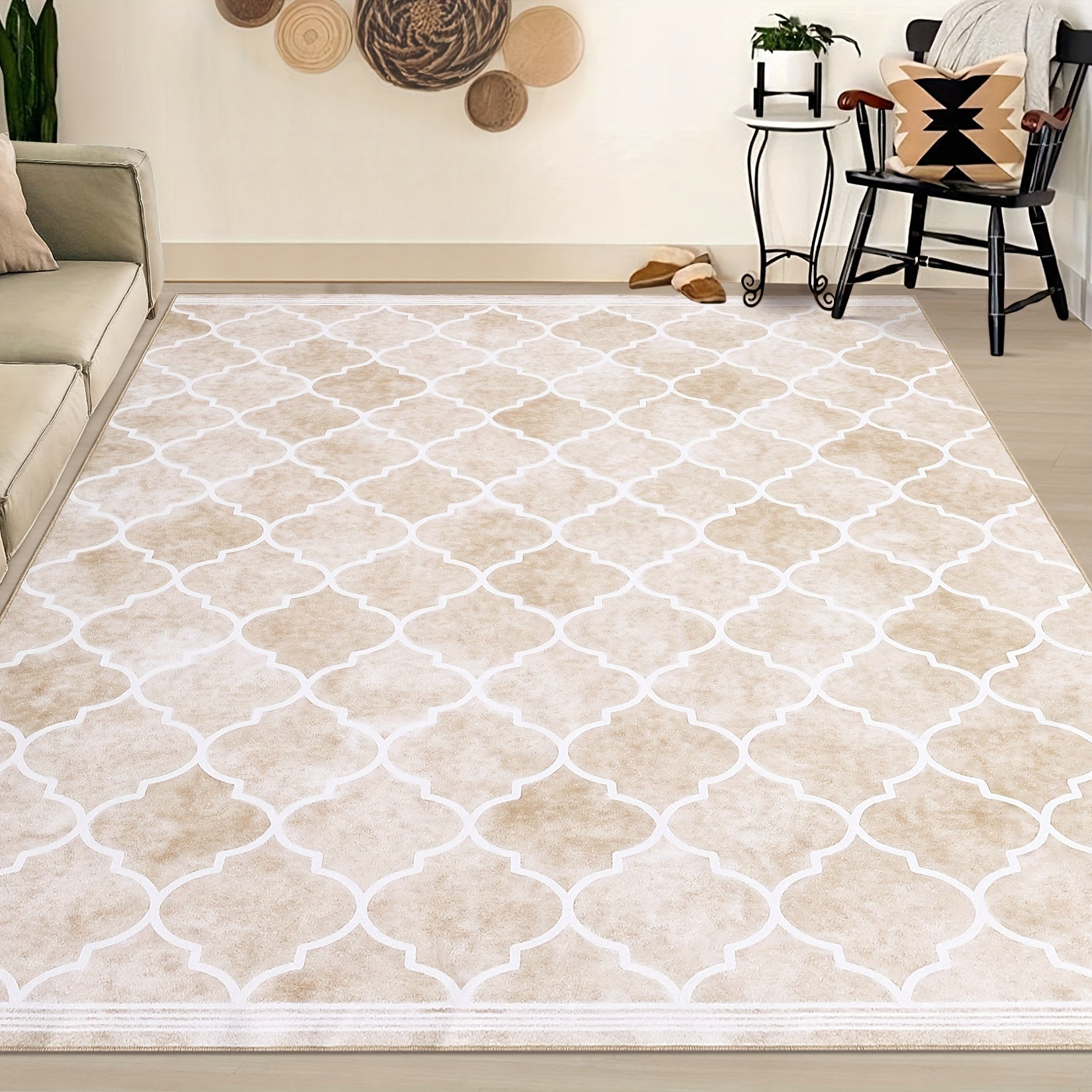 1 pc Area Rug Living Room Carpet Large Moroccan Soft Fluffy Geometric Washable Bedroom Rugs Dining Room Home Office Low Pile Decor Under Kitchen Table, Light Brown