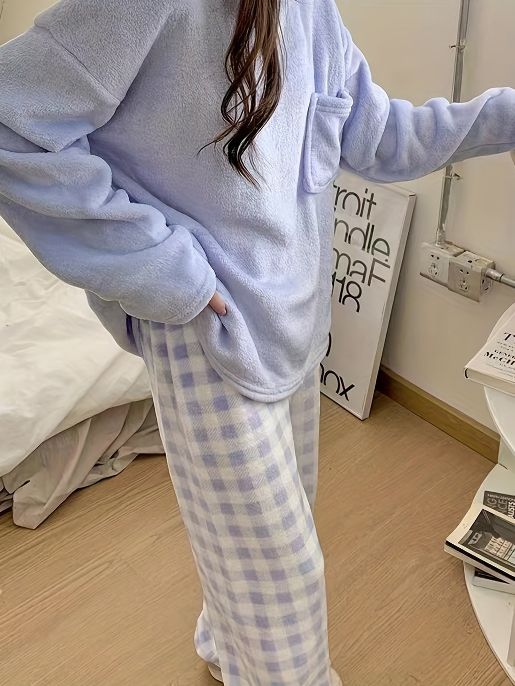 Winter Warm Velvet Pajama Set, Plaid Pattern Pajama, Solid Color Casual Home Wear Set