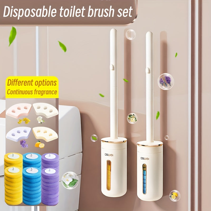 1 Set With 24 Brush Heads, Or Separately Equipped With 32 Brush Heads And 4 Aromatherapy Sticks, Disposable Sponge Brush Heads With Cleaning Solution, Plastic Toilet Brush, Toilet Brush Holder Set, Automatic Opening And Closi