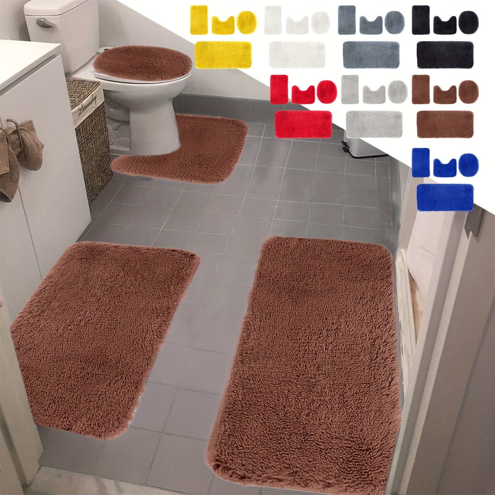 Solid Color Bath Mats 4 Set Bathroom Rugs For 4 Pcs Toilet Mats Universal Soft Comfortable Water Absorption Non-Slip Thick Machine Washable Easier To Dry Dark