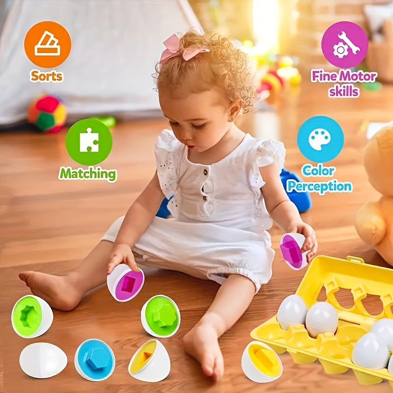 12pcs Geometric Egg Shape Sorter Puzzle - Develops Fine Motor Skills, Color Recognition, and Early Learning for Toddlers Boys and Girls with Easter Egg Toys