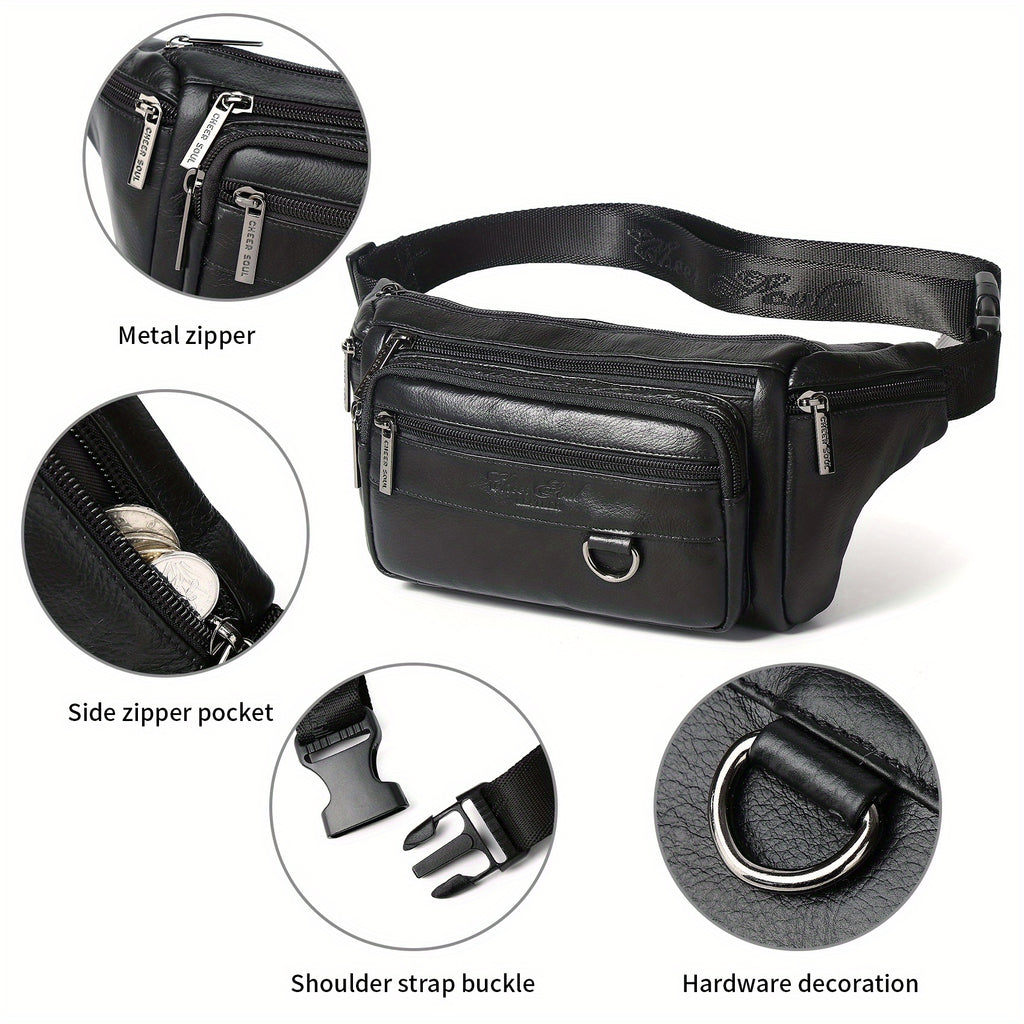 Genuine Leather Men's Waist Bag/Women's Multifunctional Hip Bag/Stylish Multi-Pocket Travel Sports Backpack for Hiking, Cycling, Fishing, And Running