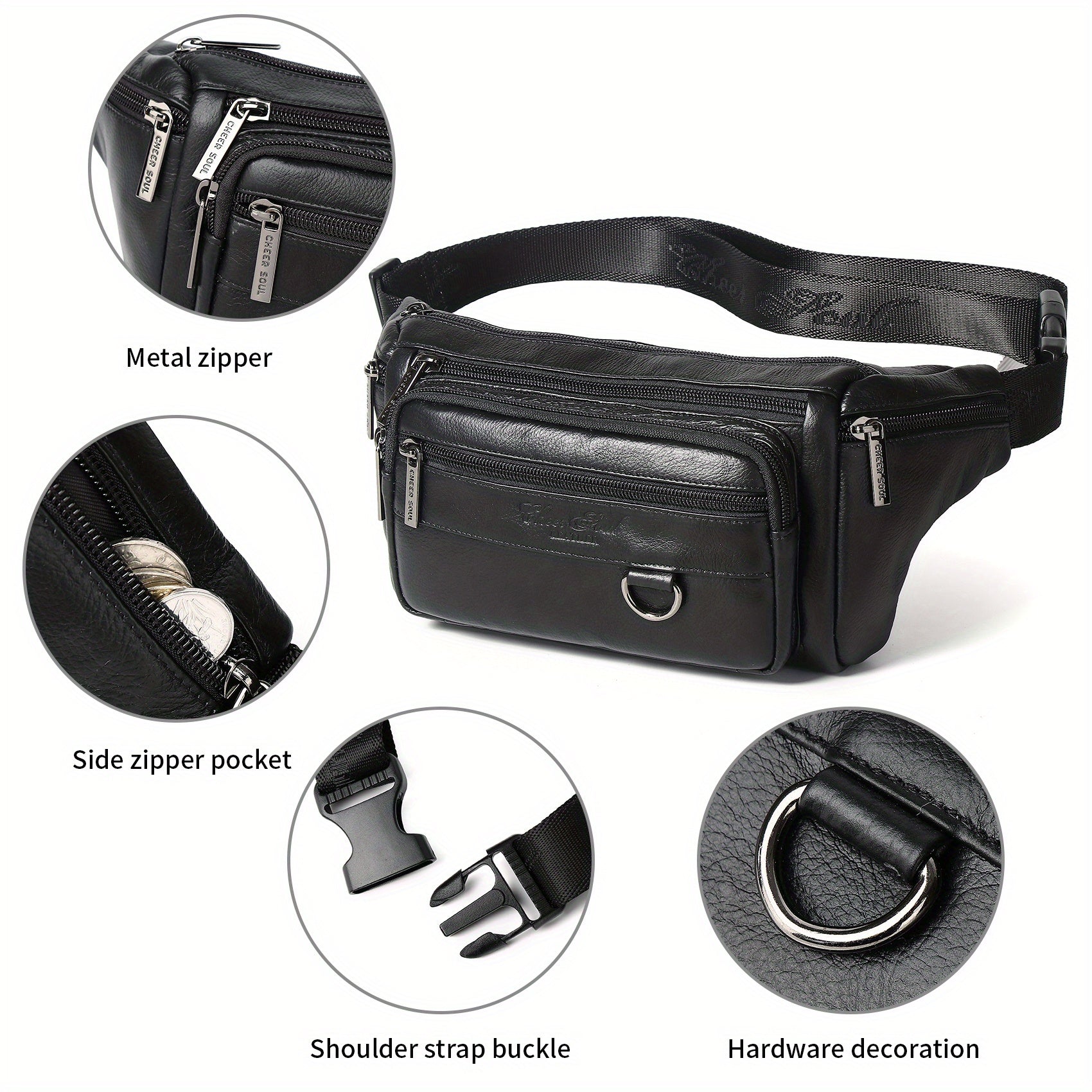 Genuine Leather Men's Waist Bag/Women's Multifunctional Hip Bag/Stylish Multi-Pocket Travel Sports Backpack for Hiking, Cycling, Fishing, And Running