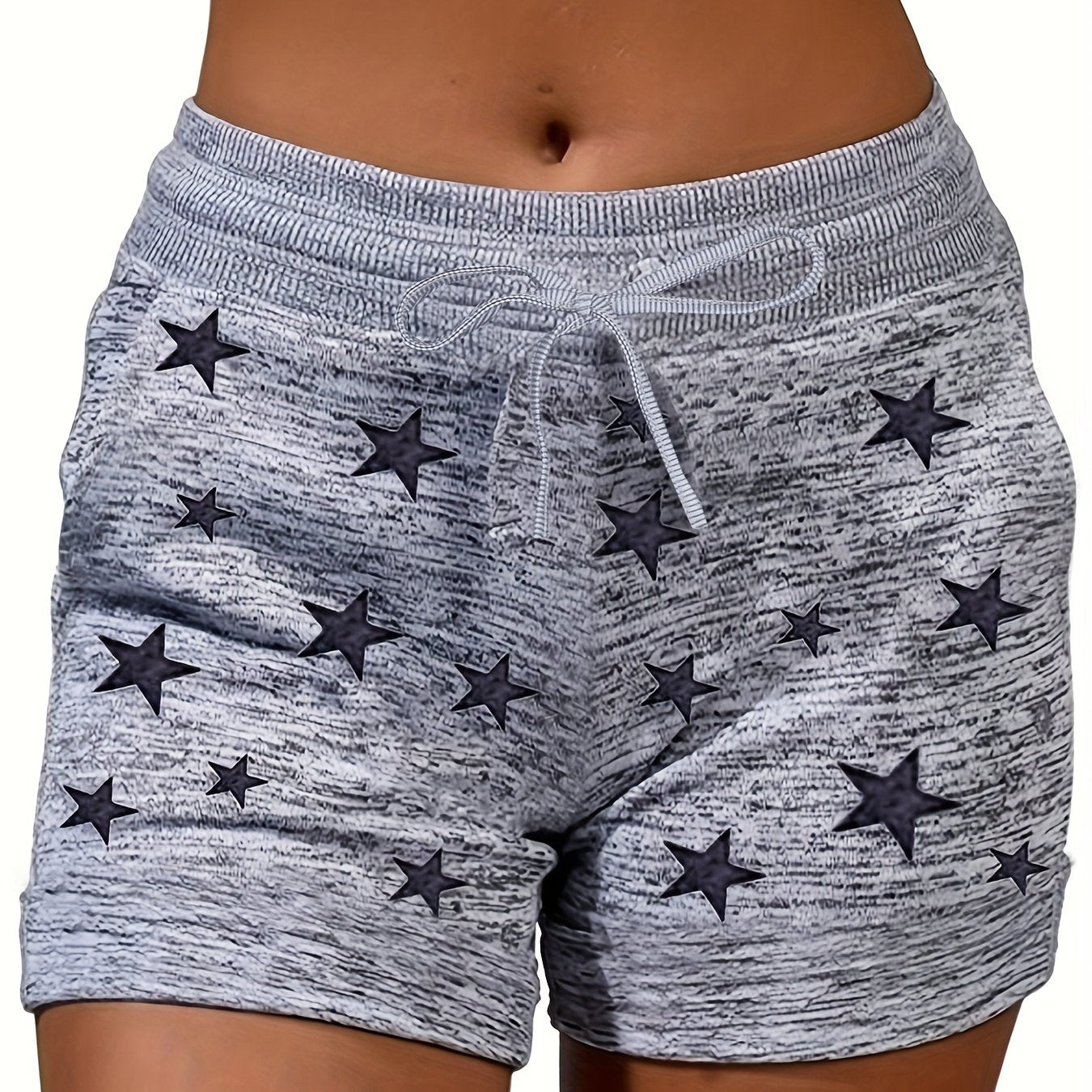 Plus Size Casual Leggings, Women's Plus Star Print Elastic Drawstring Medium Stretch Sports Shorts