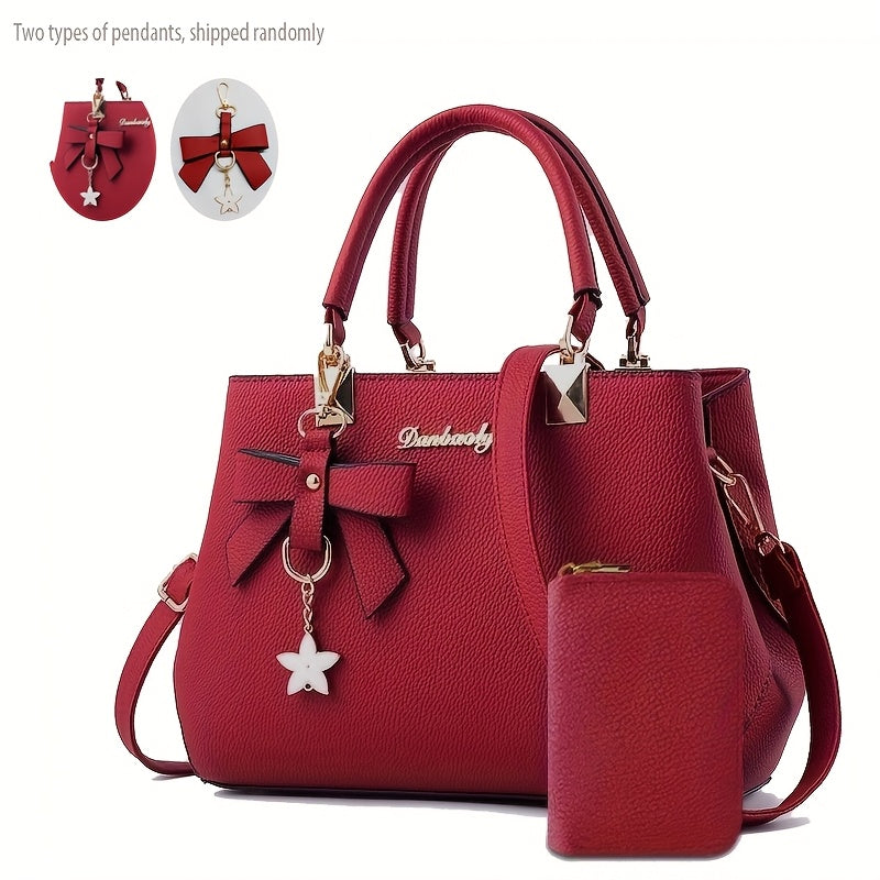 Chic Bow Decor Handbag for Women with Coin Purse, Adjustable Strap,