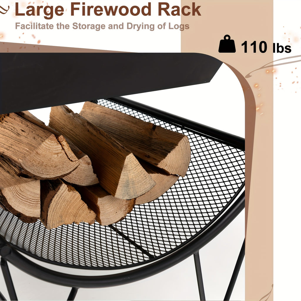 1pc Deluxe Outdoor Wood Burning Fire Pit - Steel Patio Stove with Log Storage Rack and Wheels for Easy Mobility - Perfect for Yard, Garden, and Backyard Gatherings - Durable Construction and Versatile Design