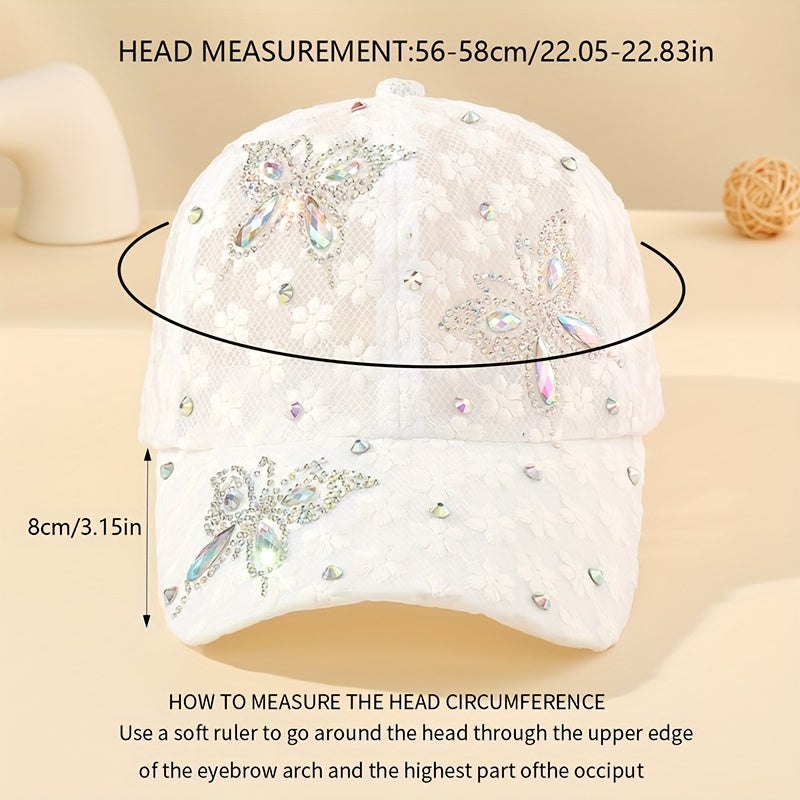 Lace Rhinestone Butterfly Baseball Cap Elegant Mesh Breathable White Sports Hats Adjustable Women Trucker Hats