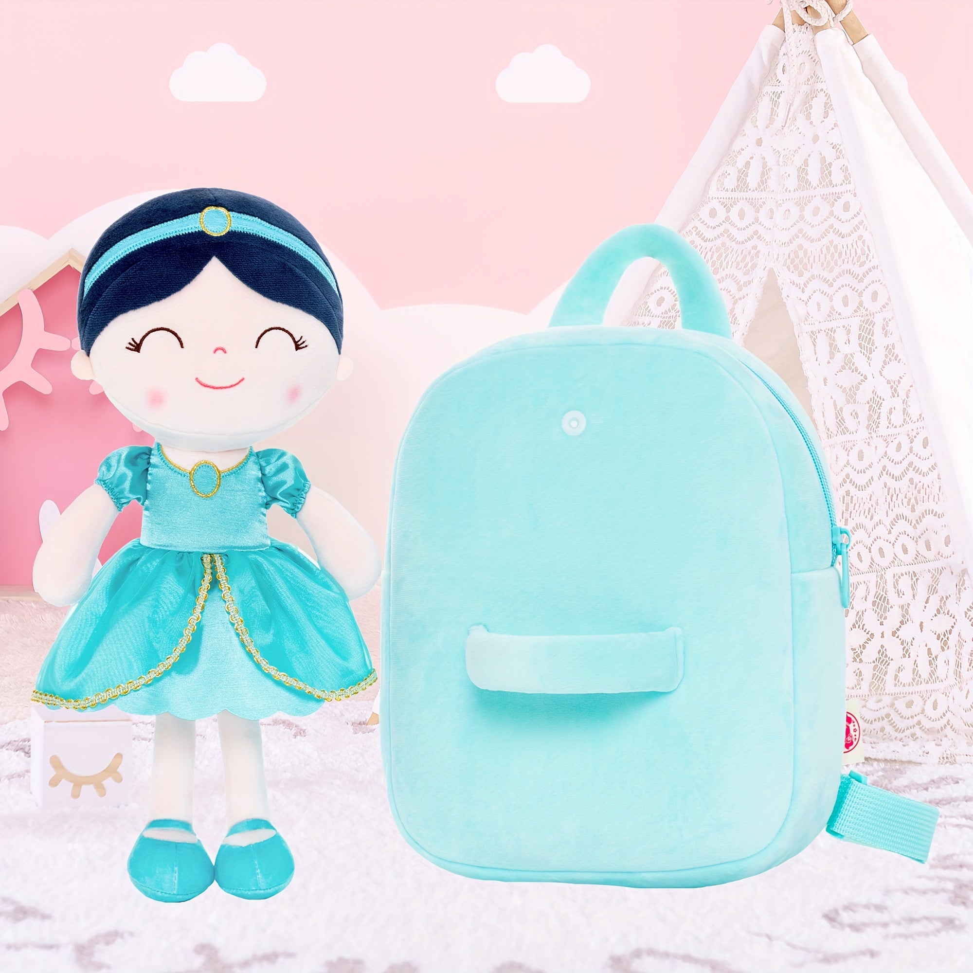 Gloveleya Toddler Backpack for Girls Kids Backpacks Soft Girl Toys Plush Baby Girl Gifts with Plush Princess Jasmins Doll Aqua 9 inches