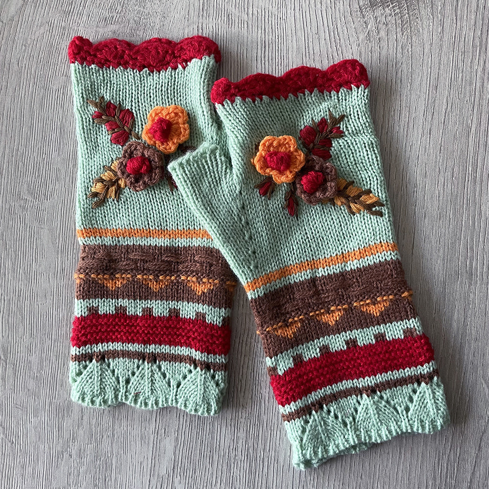 Autumn and Winter Women's Fingerless Floral Warm Hand Hook Gloves Pair