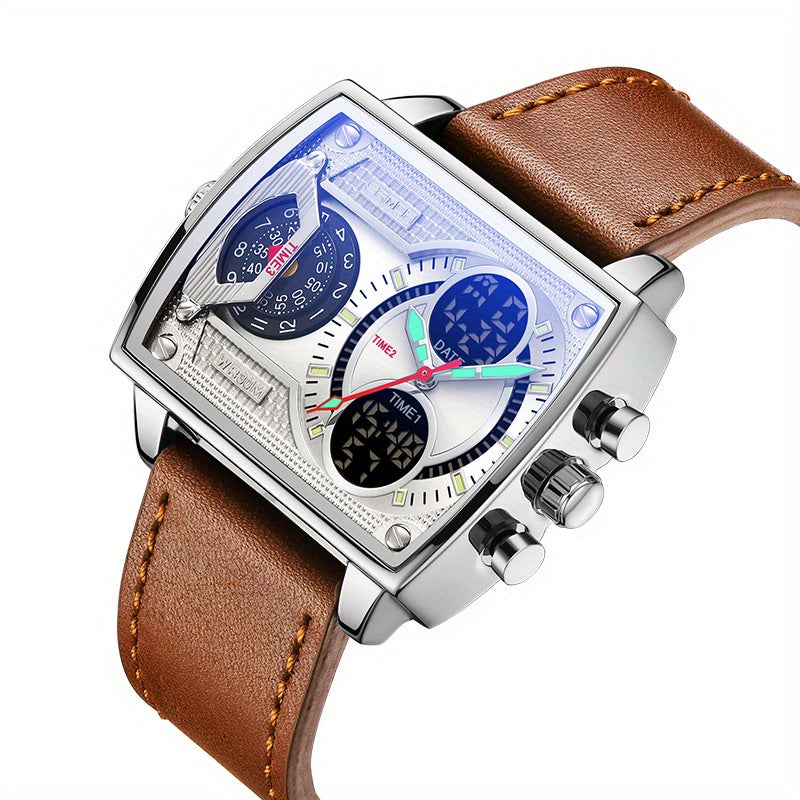 Large Dial Multi Time Zone Men's Watch, Square Dual Display Multifunctional Sports Watch with Dual Time Zone, Date, Alarm, and Stopwatch Functions