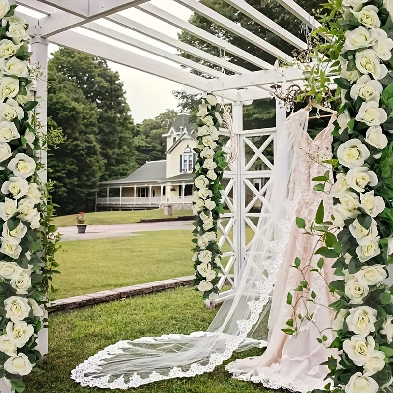 1pc, 78.7inch Luxurious Artificial Floral Garland - Garlands with White Rose, Silk Flowers, Fake Vines, Hanging Decor for Wedding Arch, Garden Background, Engagement Ceremony, Reception, Party, and Home Decor