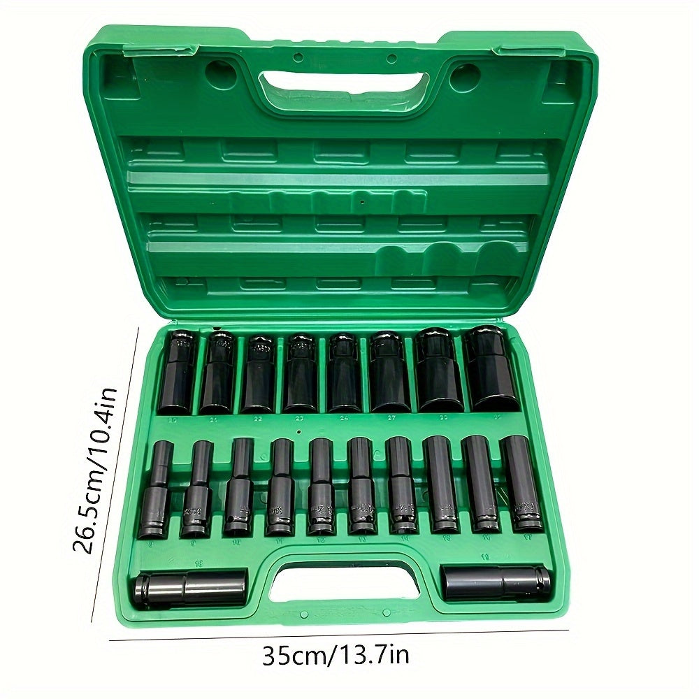 20pc Heavy-Duty Hex Impact Wrench Socket Set - 1/2 Drive, Chrome Vanadium Steel, Metric (8-32mm) Sizes, with Robust Plastic Toolbox - Perfect for Automotive Repair and DIY Projects
