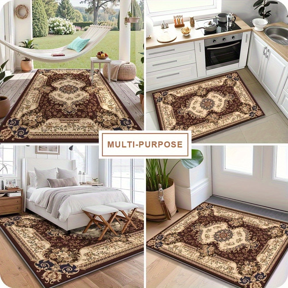Luxury Velvet Area Mat, 850g/sqm Machine-Washable Geometric Pattern Mat, Lightweight Durable Indoor Mat for Living Room, Bedroom, Study, Modern Minimalist Design with Brown/Beige/Blue/Red/Black/White, Rugs for Living Room, Be