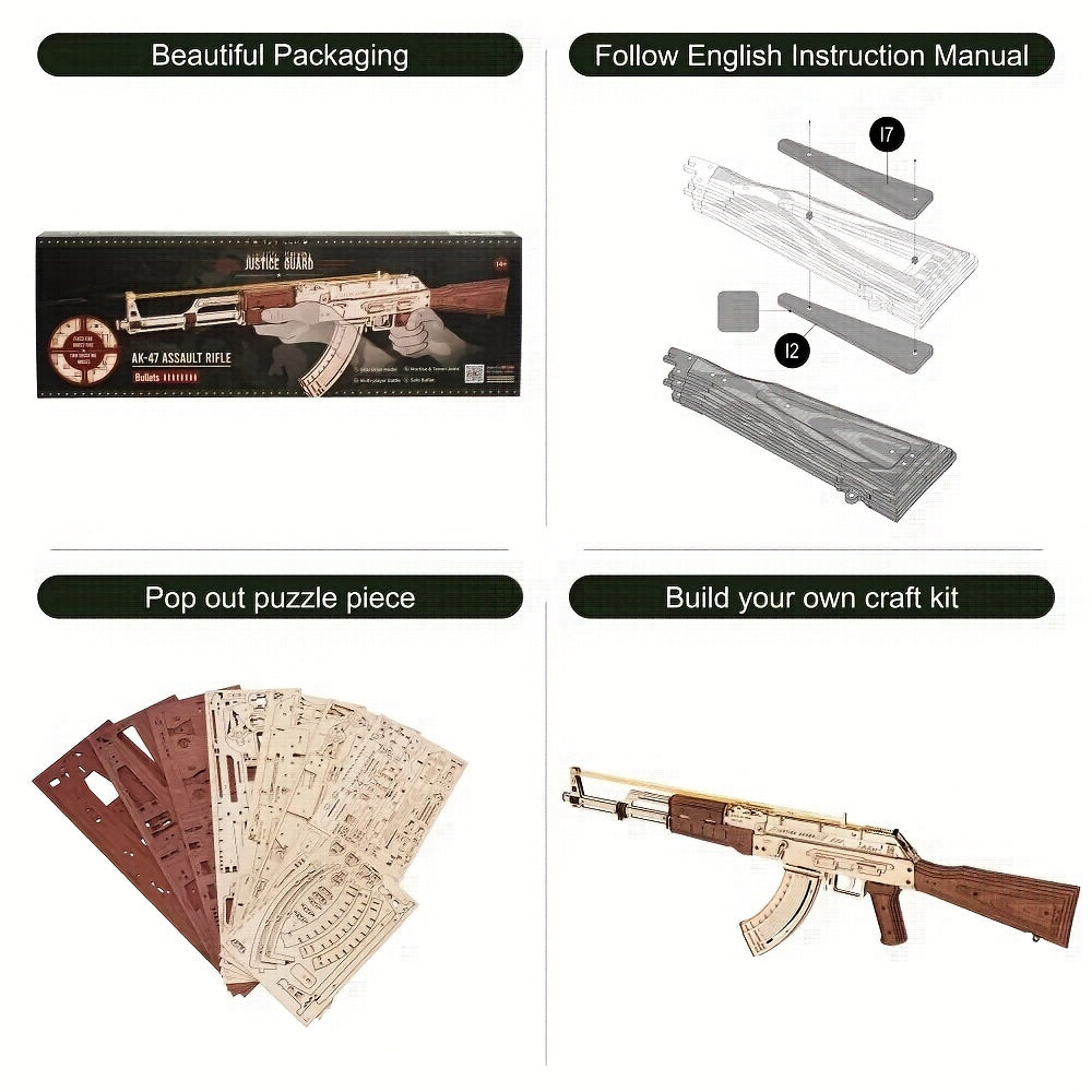 3D Puzzles for Adults, Wooden 3D Puzzle AK47 Model Rubber Band Gun Model Building Kits for Adult, DIY Wood Crafts Cool Toys Gifts Hobbies for Men Women, LQ901 Justice Guard