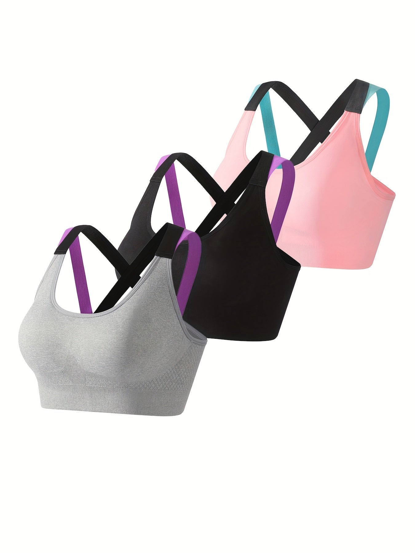 [Criss Cross Back Sports Bra] 3pcs Comfy Criss Cross Back Sports Bras - Breathable Colorblock Running Workout Bra for Women