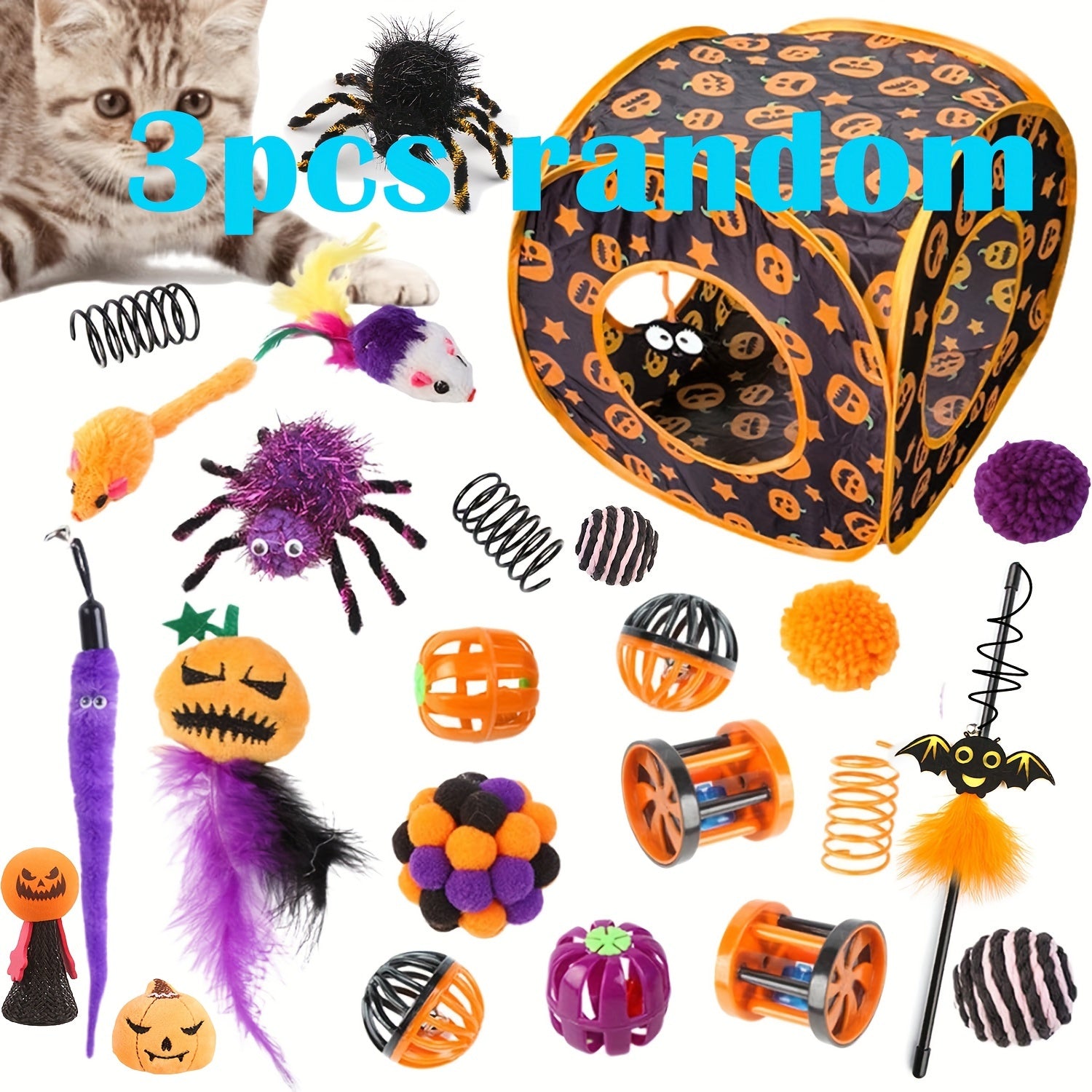 Festive Halloween Cat Toy Set: 1/3/5/8 Pcs Interactive Kitten Toys, Pumpkin Toys, Feather Toys, And More for Indoor Playtime