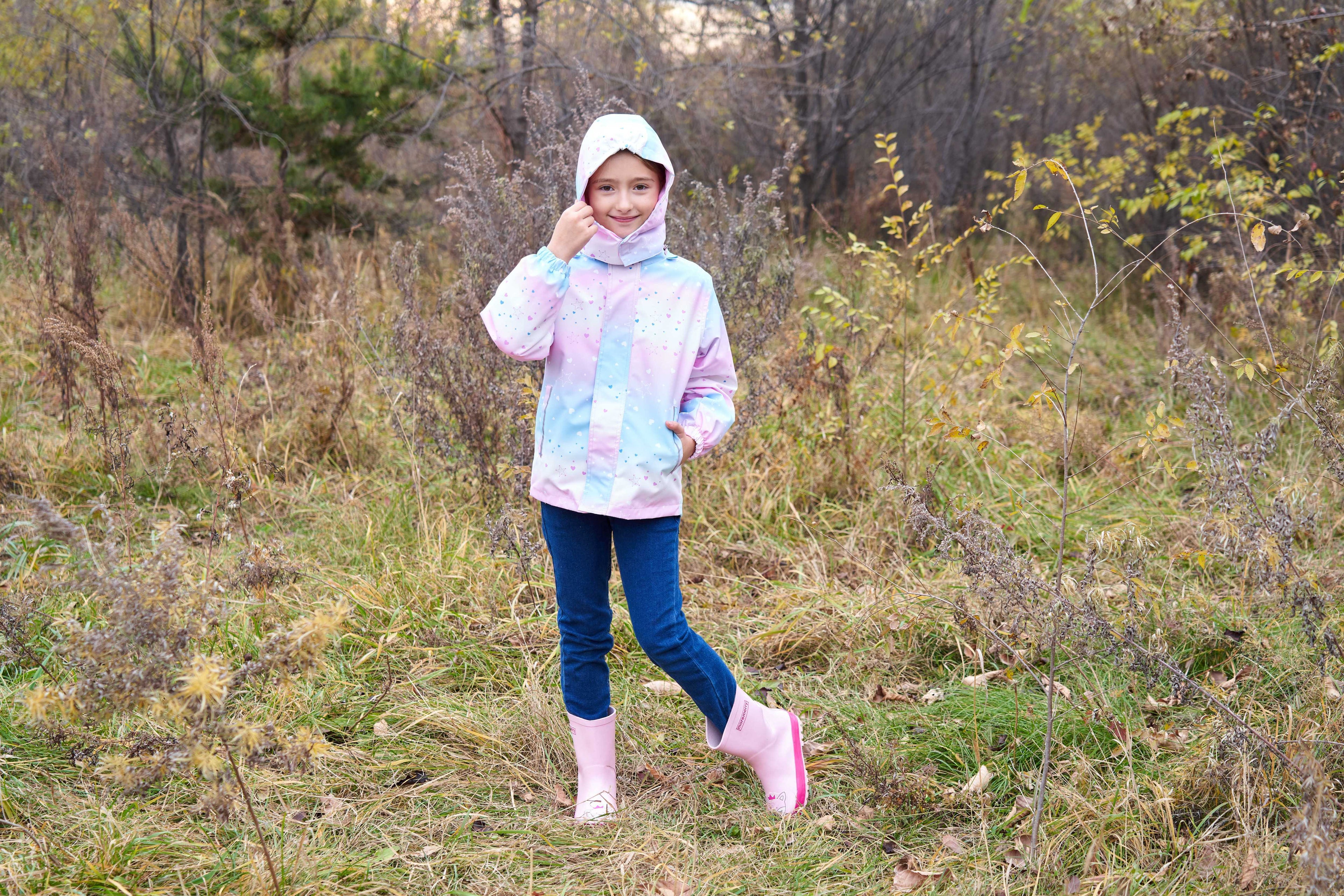 Vibrant Gradient Rain Jacket for Kids - Waterproof, Lightweight, Fleece Lined, Hooded, Windbreaker Coat with Removable Hood for Girls - Perfect for Outdoor Play and School Days