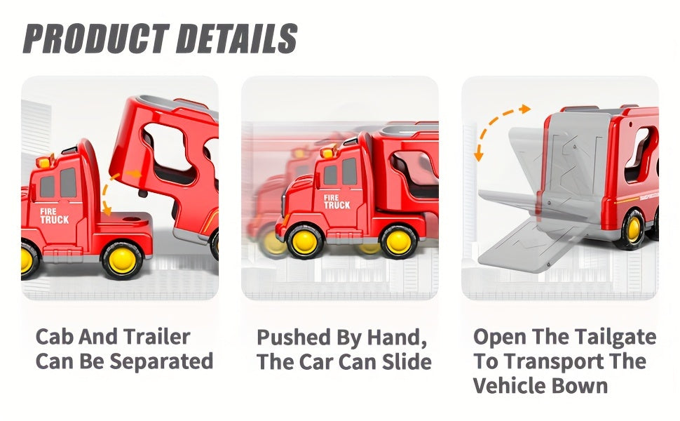 Fire Truck Toys for 3 4 5 Boys Toddlers, 5in 1 Kids Carrier Fire Trucks Cars for Boy Toys Birthday, Car Trucks Friction Power Toys with Light Sound